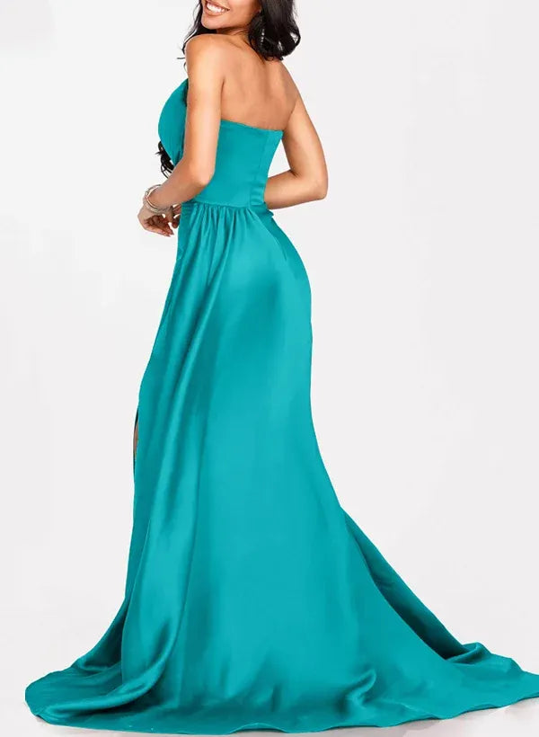 Beautiful Mermaid Strapless Beaded Pleated Teal Floor Length Prom Dress With High Slit