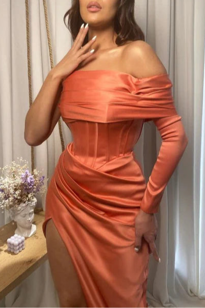 Beautiful Mermaid Strapless One Half-Sleeve Pleated Slit Orange Floor Length Prom Dress