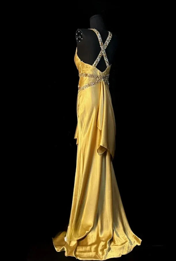 Beautiful Mermaid V-Neck Beaded Sequins Satin Gold Floor Length Prom Dress