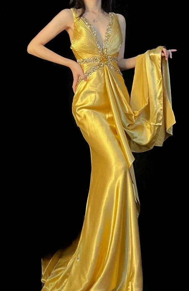 Beautiful Mermaid V-Neck Beaded Sequins Satin Gold Floor Length Prom Dress