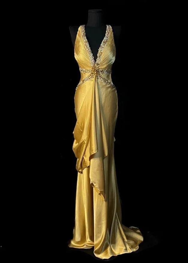 Beautiful Mermaid V-Neck Beaded Sequins Satin Gold Floor Length Prom Dress