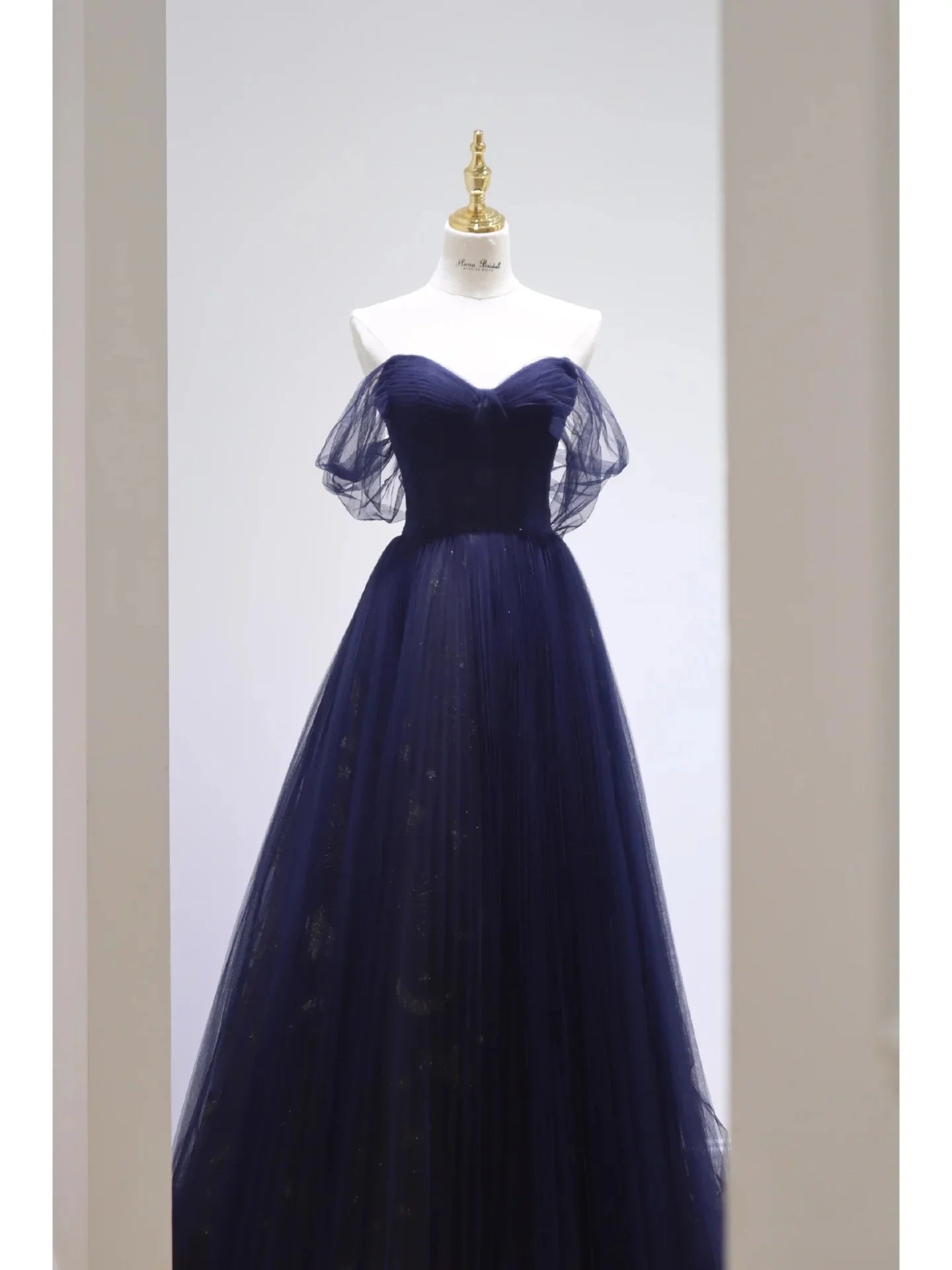 Beautiful Navy Blue Tulle Sweetheart Collar Off The Shoulder Long Ball Gown Prom Dresses Party Dress