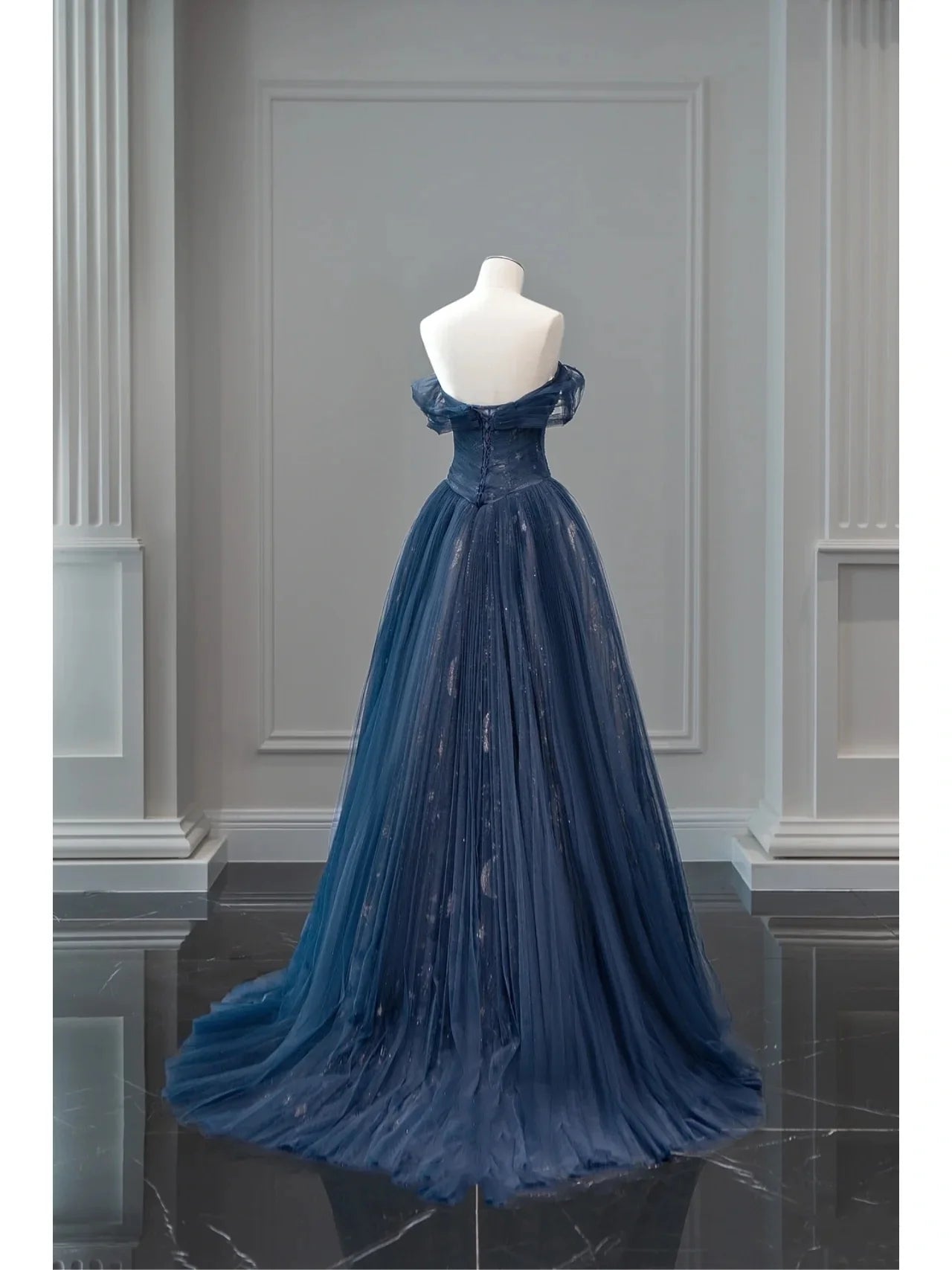 Beautiful Navy Blue Tulle Sweetheart Collar Off The Shoulder Long Ball Gown Prom Dresses Party Dress