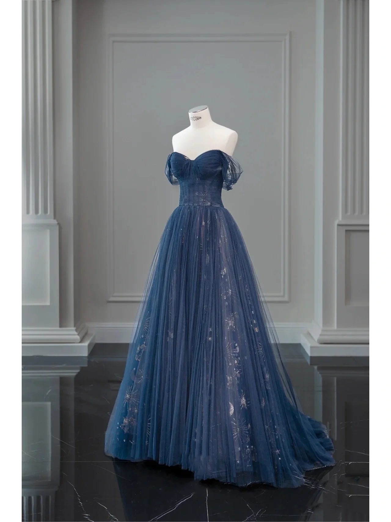 Beautiful Navy Blue Tulle Sweetheart Collar Off The Shoulder Long Ball Gown Prom Dresses Party Dress