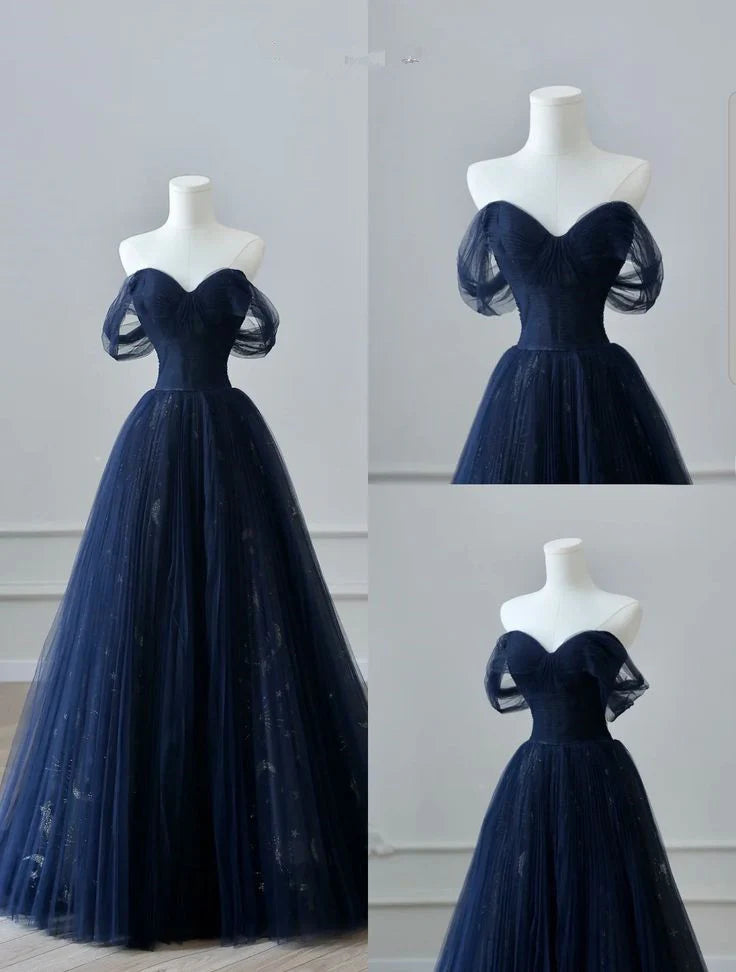 Beautiful Navy Blue Tulle Sweetheart Collar Off The Shoulder Long Ball Gown Prom Dresses Party Dress