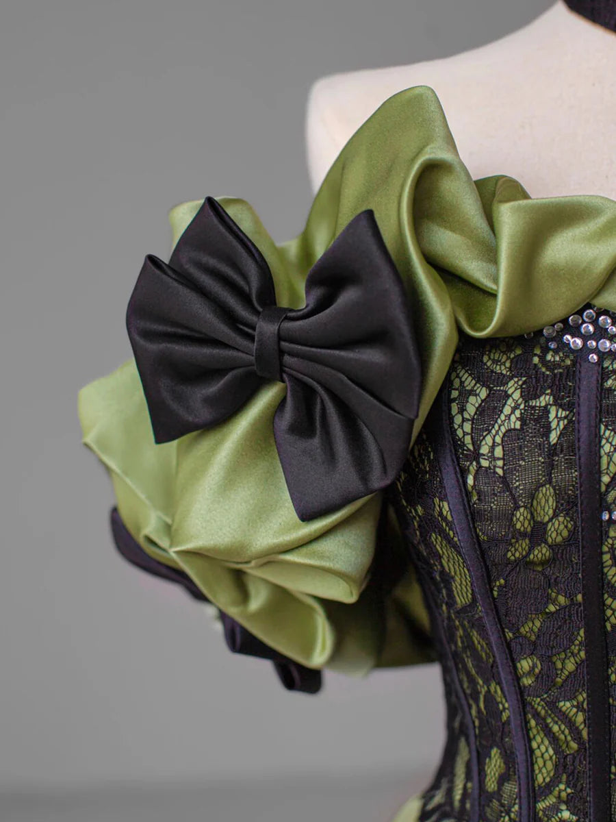 Beautiful Off-Shoulder A-Line Bodycon Lace Satin Green Long Prom Dress With Bow