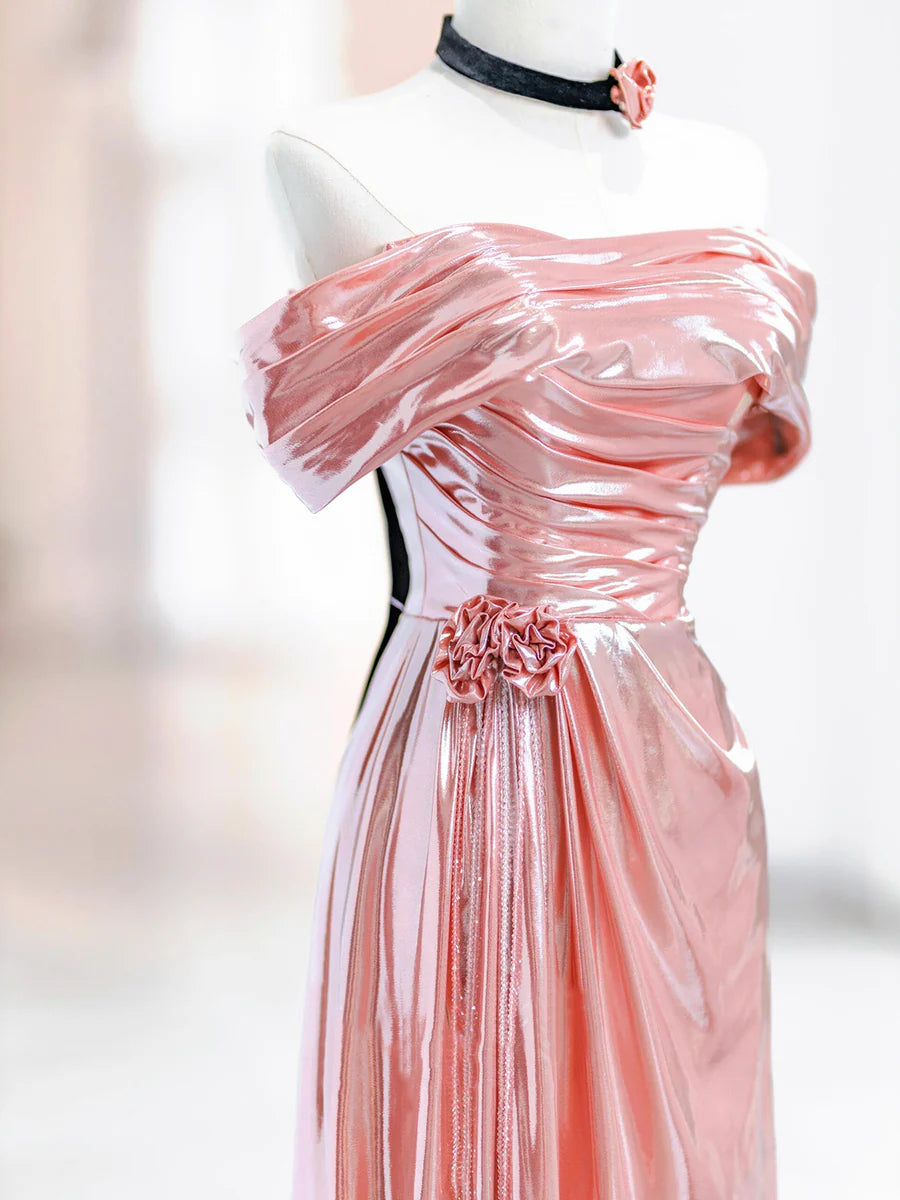 Beautiful Pink Blended Off the Shoulder Pleated Party Dress Long Evening Party Dress With Short Train
