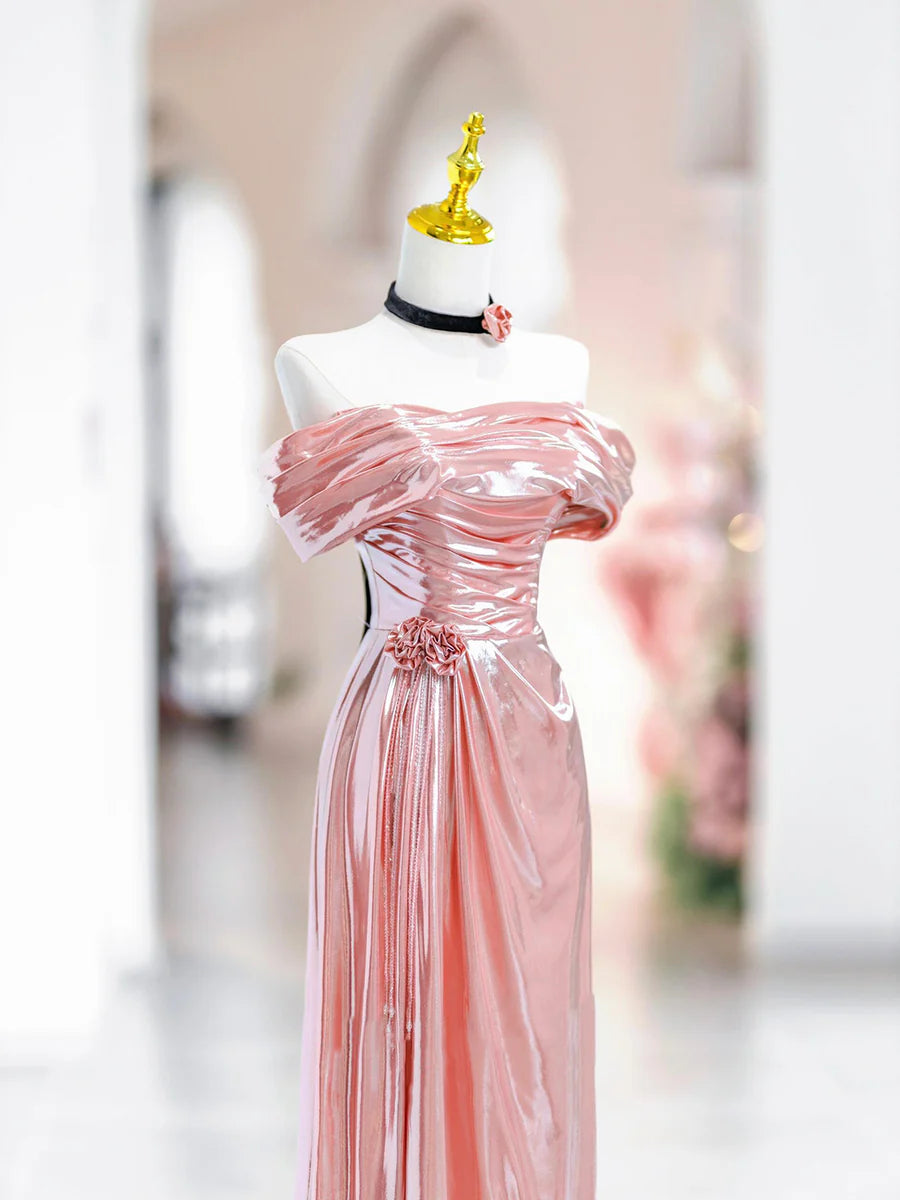 Beautiful Pink Blended Off the Shoulder Pleated Party Dress Long Evening Party Dress With Short Train