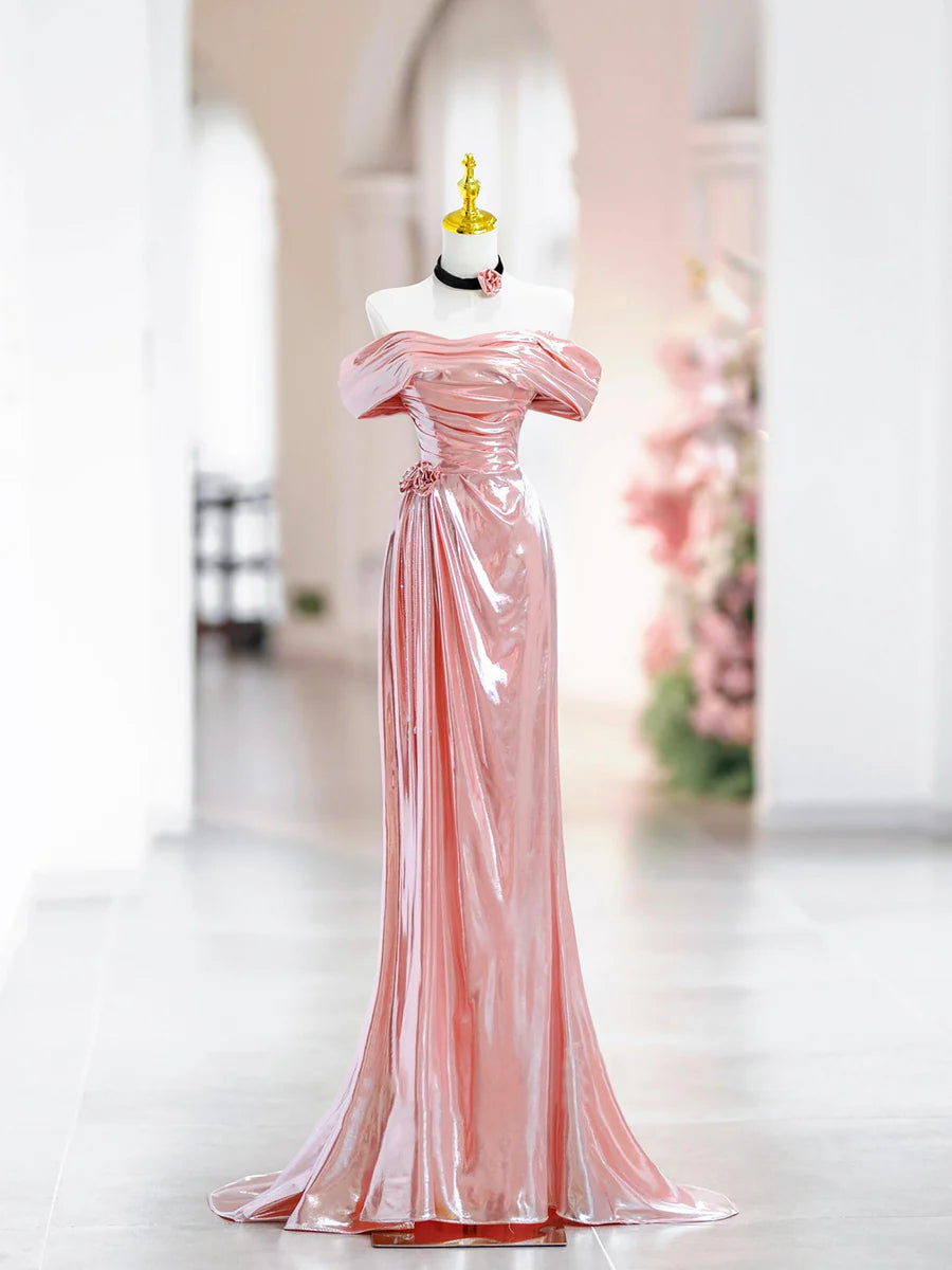 Beautiful Pink Blended Off the Shoulder Pleated Party Dress Long Evening Party Dress With Short Train