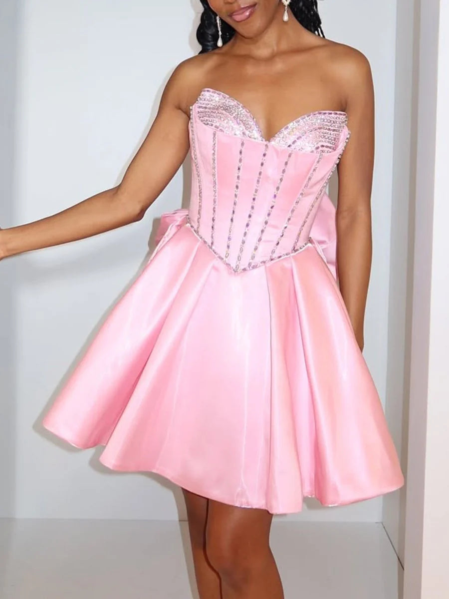Beautiful Pink Satin Beading Strapless A Line Beaded Short Homecoming Dress With Bow