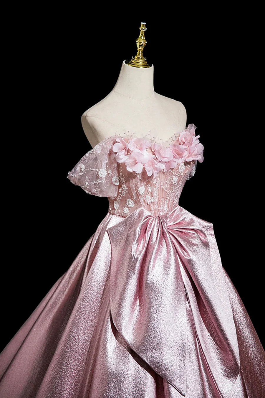 Beautiful Pink Satin Lace With Applique Pleats A-Line Long Prom Dress Evening Party Dress