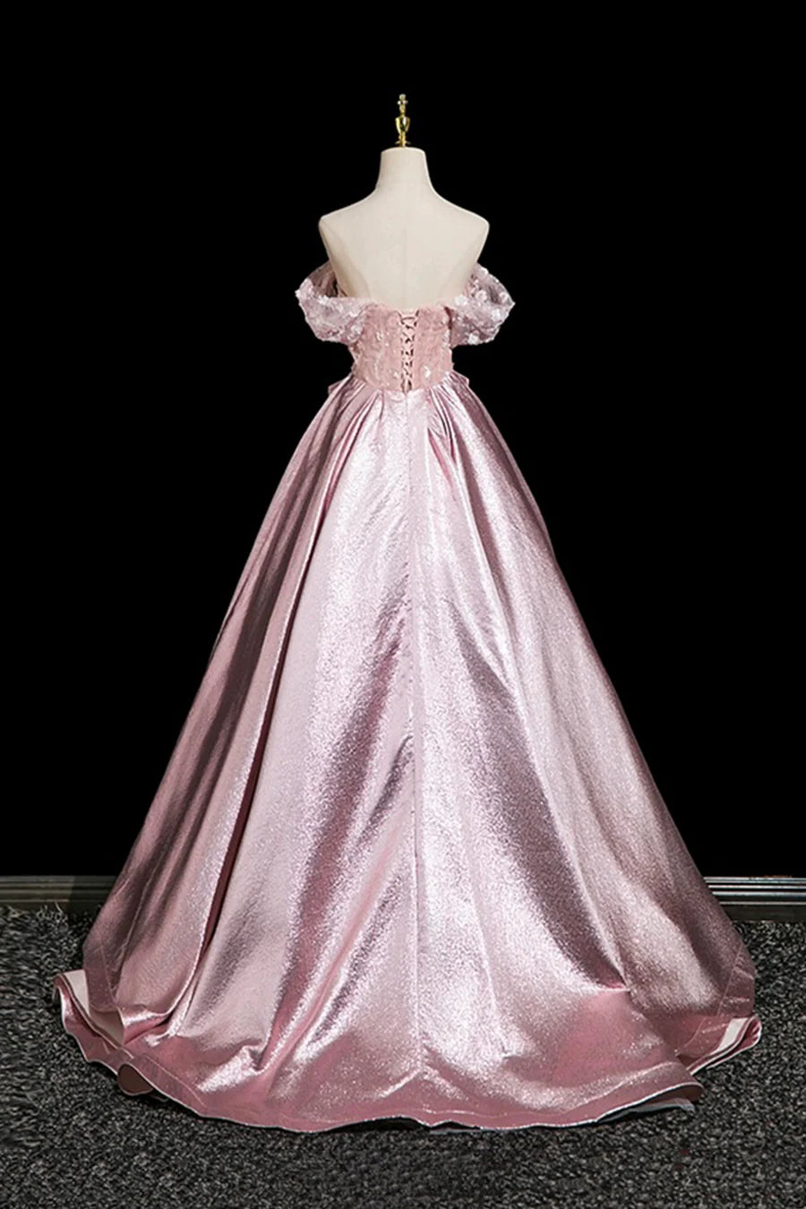 Beautiful Pink Satin Lace With Applique Pleats A-Line Long Prom Dress Evening Party Dress