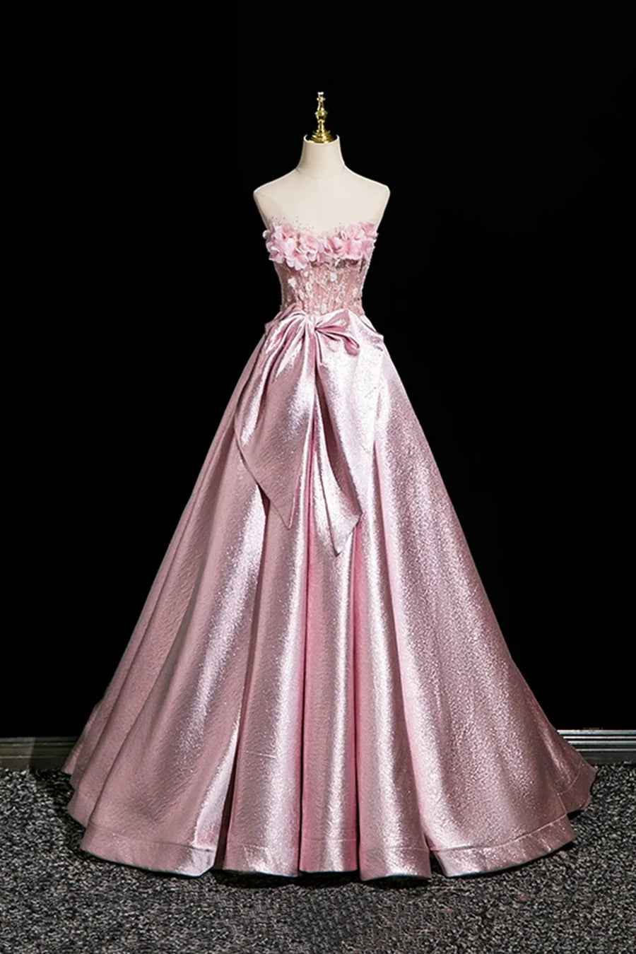 Beautiful Pink Satin Lace With Applique Pleats A-Line Long Prom Dress Evening Party Dress