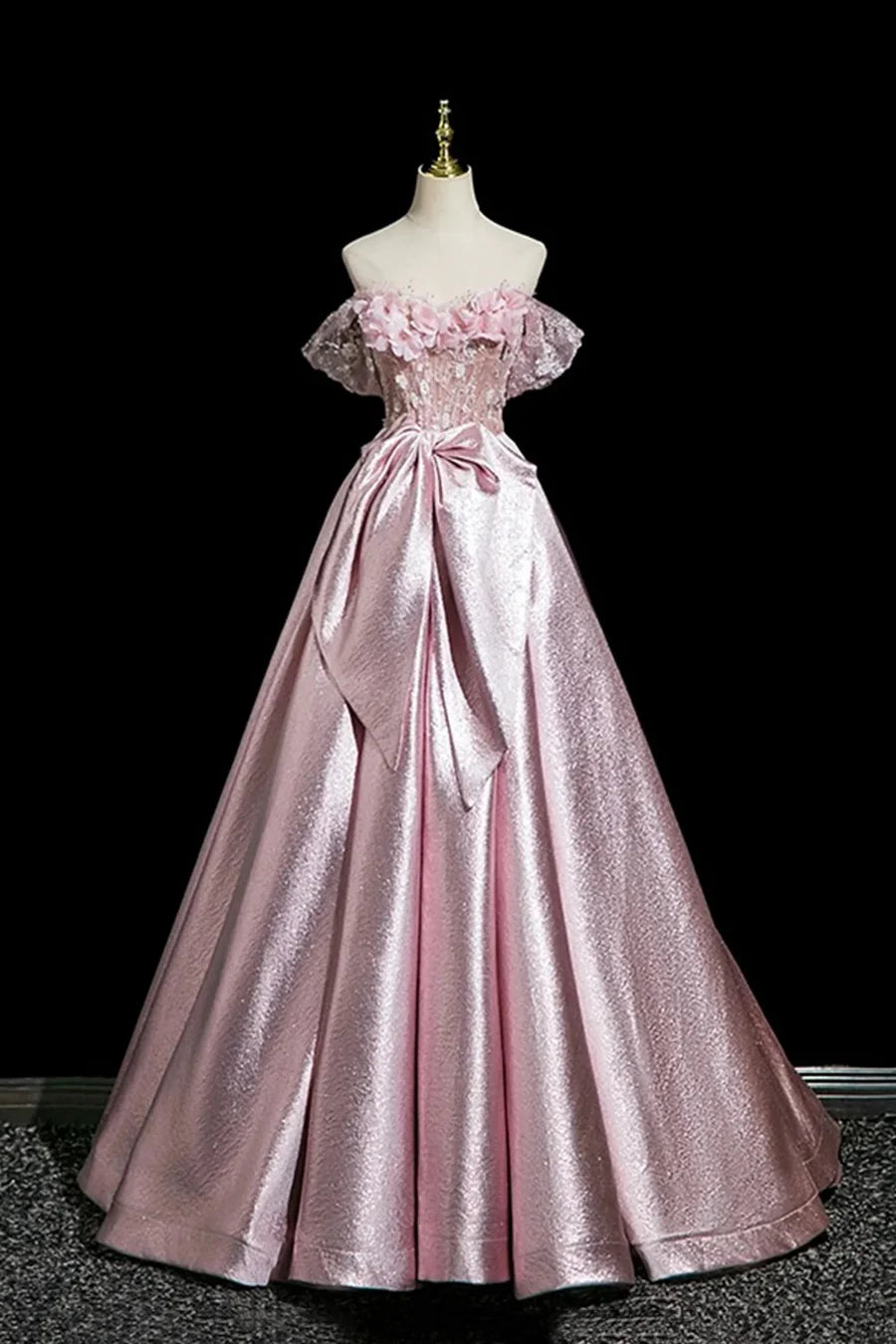 Beautiful Pink Satin Lace With Applique Pleats A-Line Long Prom Dress Evening Party Dress