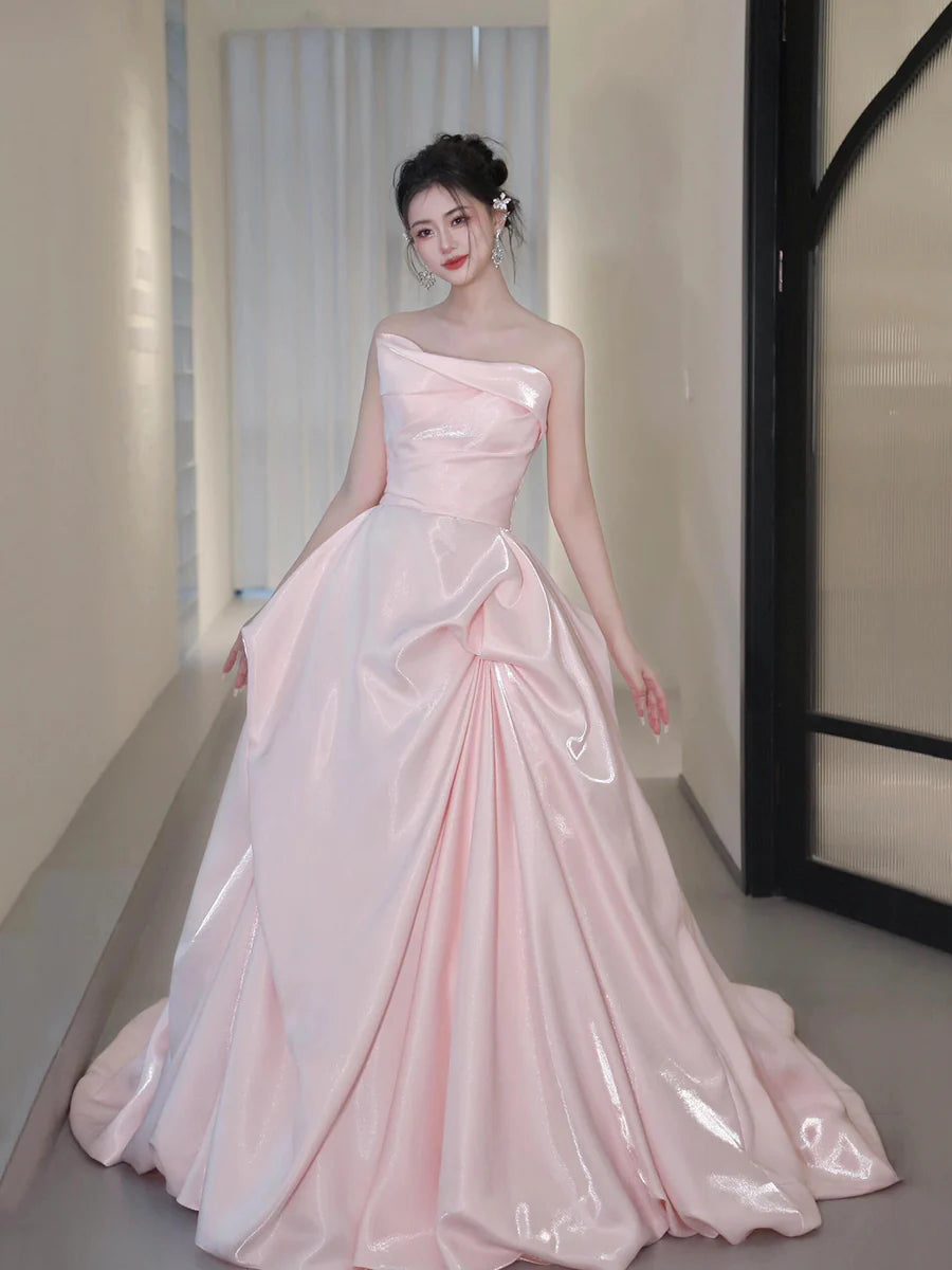 Beautiful Pink Satin Pleated Strapless A-Line Long Prom Dress Evening Party Dress