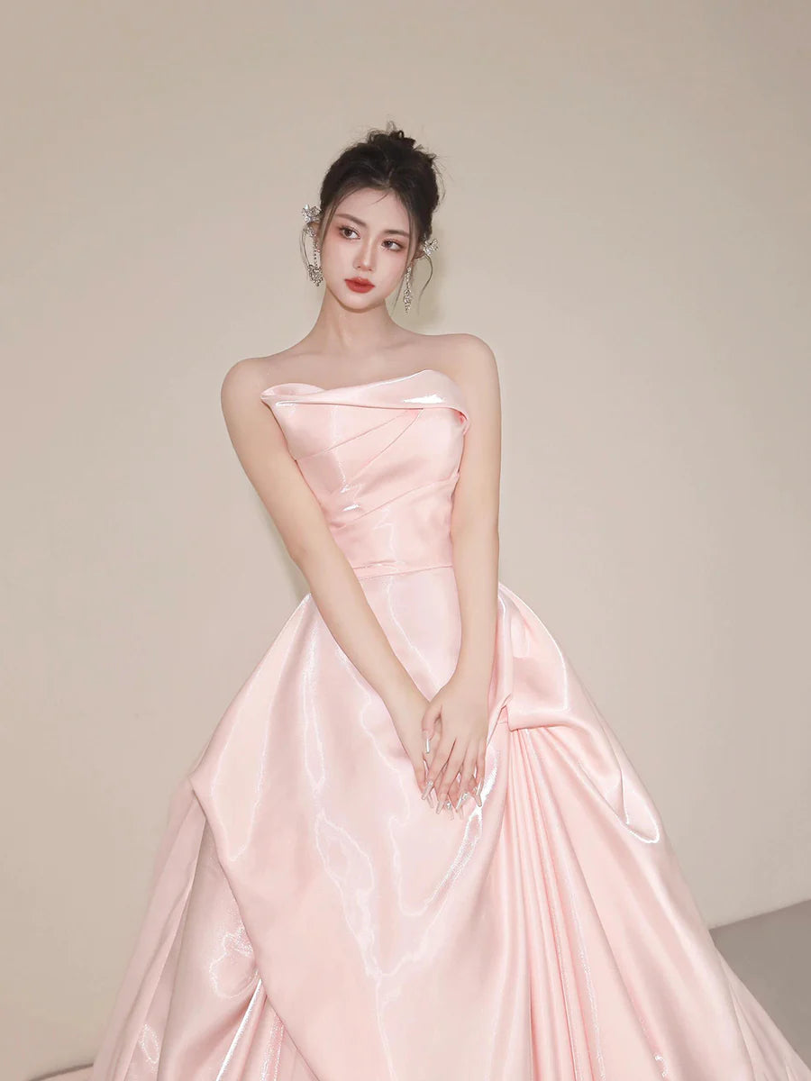 Beautiful Pink Satin Strapless Back Lace-up A-Line Long Prom Dress Evening Party Dress
