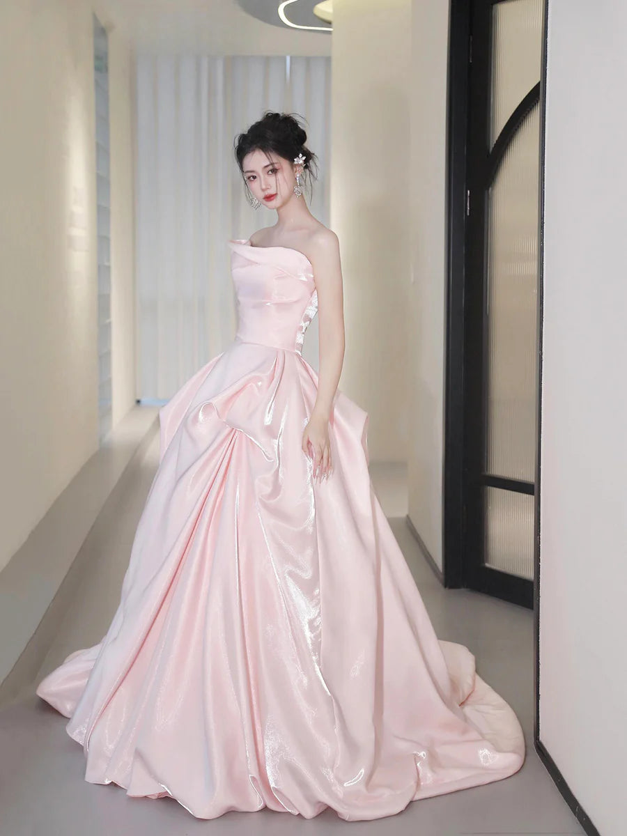 Beautiful Pink Satin Strapless Back Lace-up A-Line Long Prom Dress Evening Party Dress