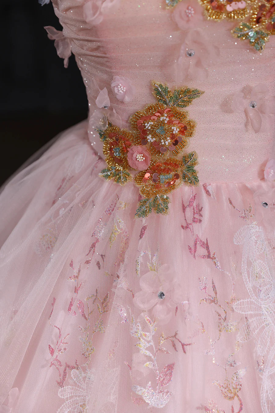 Beautiful Pink Tulle Floral Lace Sequin Floor length Prom Dress Pink A-Line Evening Party Dress
