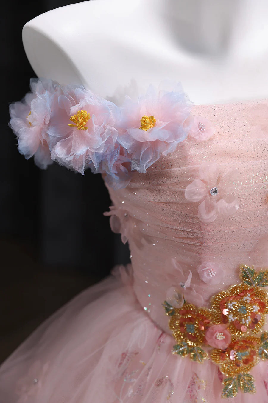 Beautiful Pink Tulle Floral Lace Sequin Floor length Prom Dress Pink A-Line Evening Party Dress