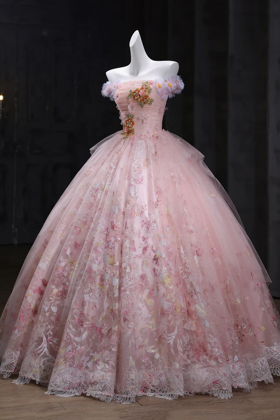 Beautiful Pink Tulle Floral Lace Sequin Floor length Prom Dress Pink A-Line Evening Party Dress