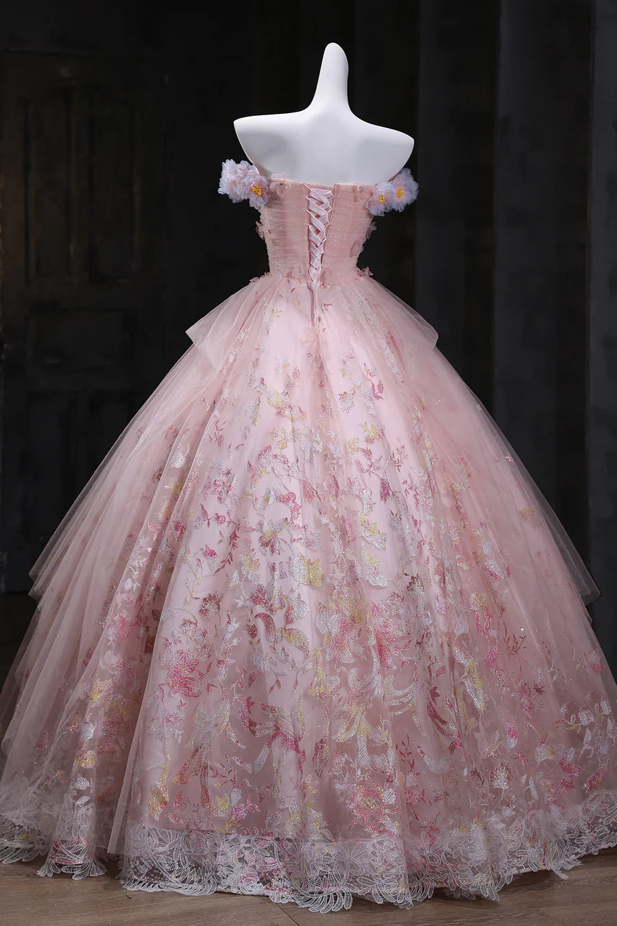 Beautiful Pink Tulle Floral Lace Sequin Floor length Prom Dress Pink A-Line Evening Party Dress