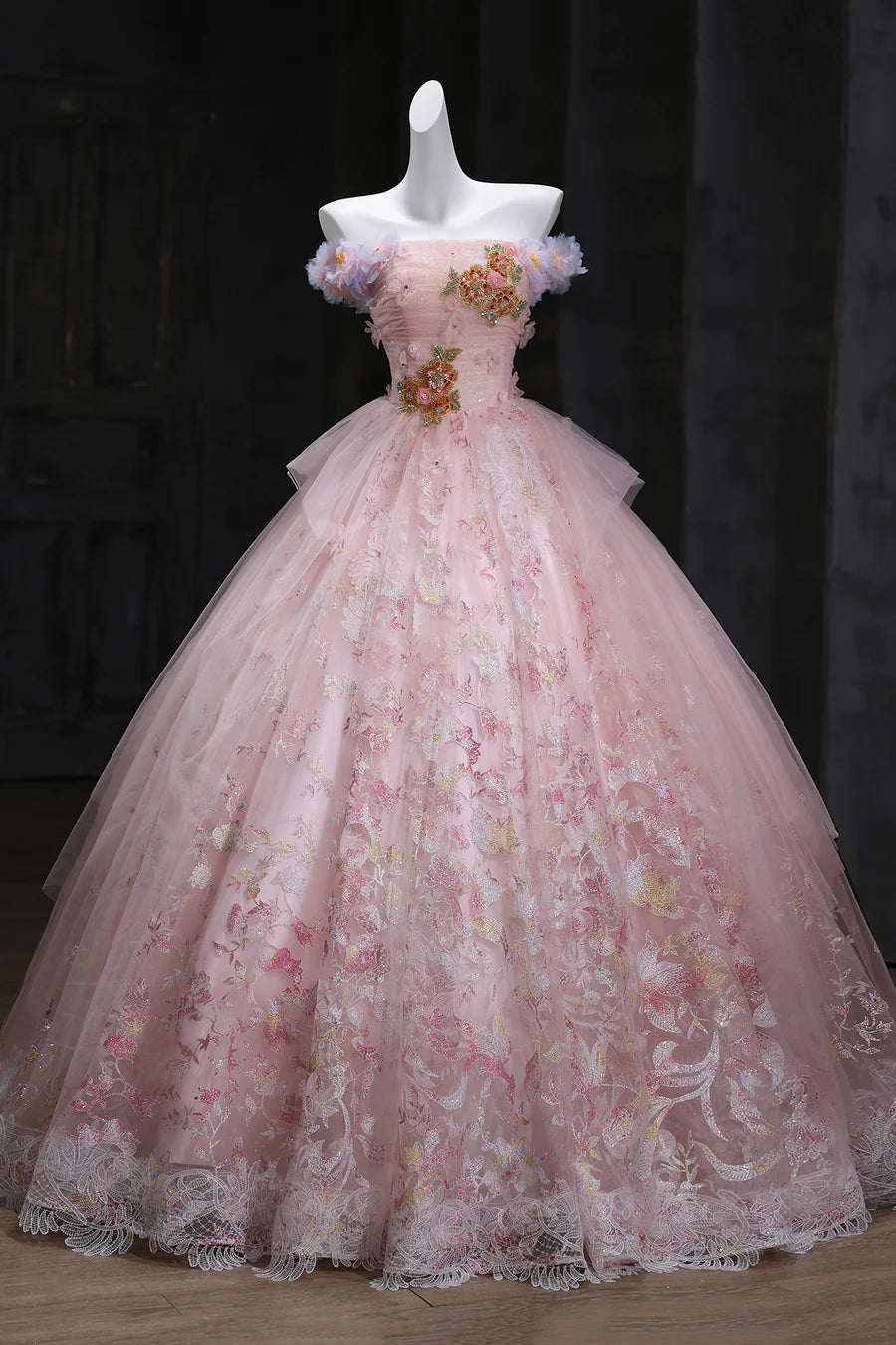 Beautiful Pink Tulle Floral Lace Sequin Floor length Prom Dress Pink A-Line Evening Party Dress