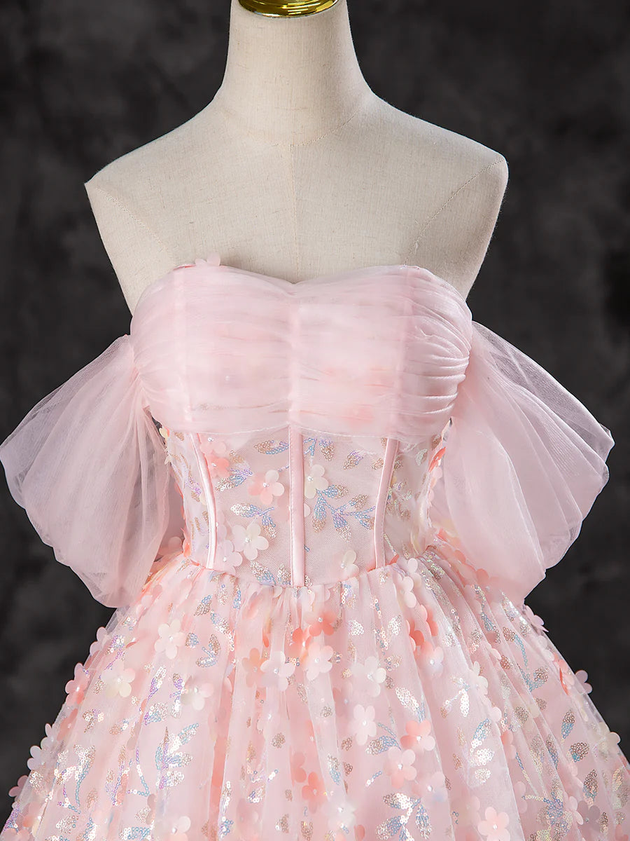 Beautiful Pink Tulle Flowers Off the Shoulder A-Line Long Prom Dress Evening Party Dress
