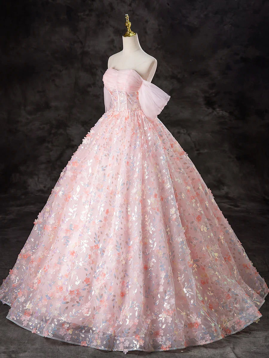 Beautiful Pink Tulle Flowers Off the Shoulder A-Line Long Prom Dress Evening Party Dress