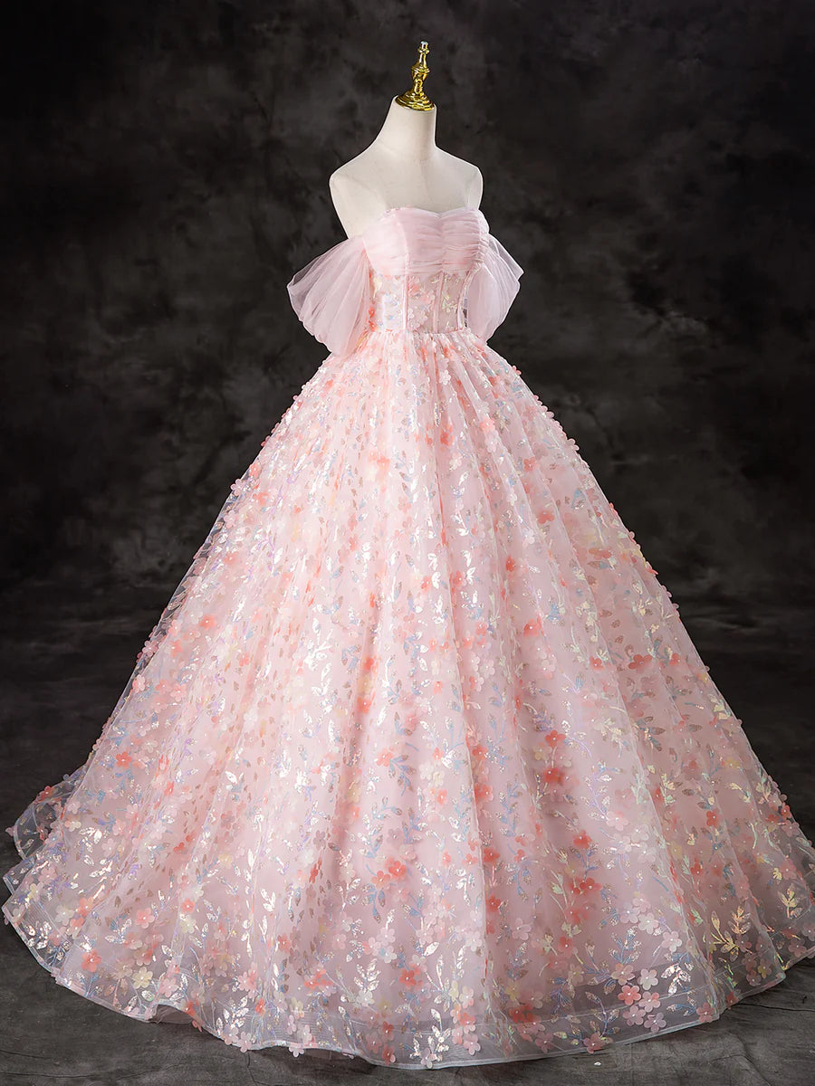 Beautiful Pink Tulle Flowers Off the Shoulder A-Line Long Prom Dress Evening Party Dress