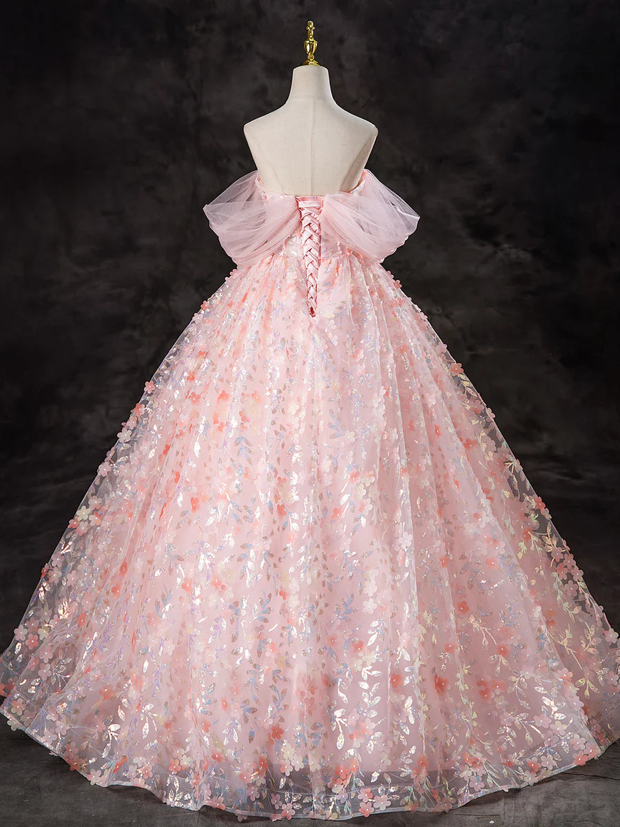 Beautiful Pink Tulle Flowers Off the Shoulder A-Line Long Prom Dress Evening Party Dress