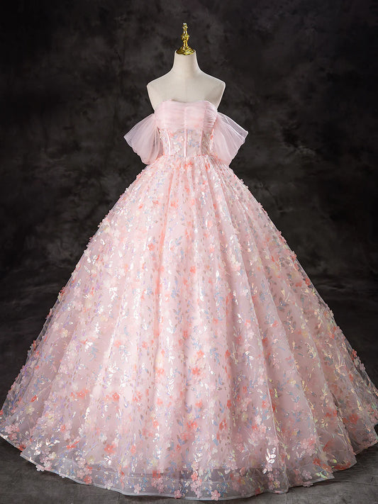 Beautiful Pink Tulle Flowers Off the Shoulder A-Line Long Prom Dress Evening Party Dress