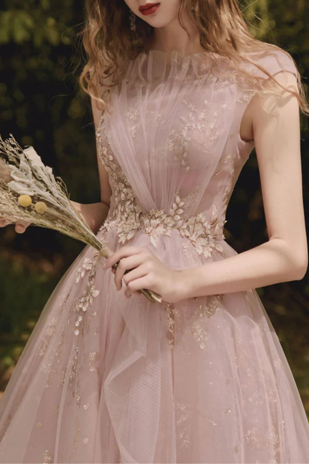 Beautiful Pink Tulle Lace With Applique Long Prom Dress A-Line Evening Dress Party Dress