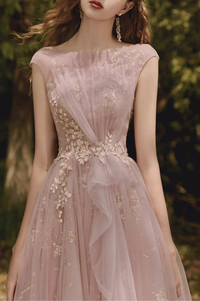 Beautiful Pink Tulle Lace With Applique Long Prom Dress A-Line Evening Dress Party Dress