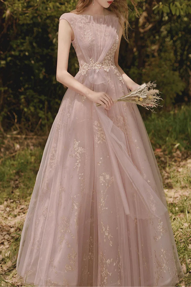 Beautiful Pink Tulle Lace With Applique Long Prom Dress A-Line Evening Dress Party Dress