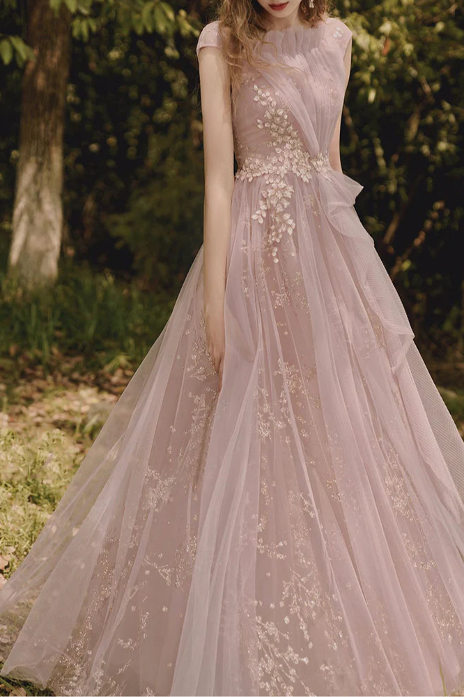 Beautiful Pink Tulle Lace With Applique Long Prom Dress A-Line Evening Dress Party Dress