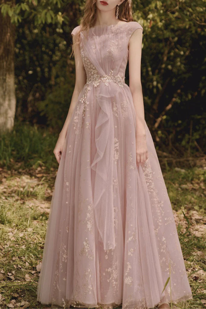 Beautiful Pink Tulle Lace With Applique Long Prom Dress A-Line Evening Dress Party Dress