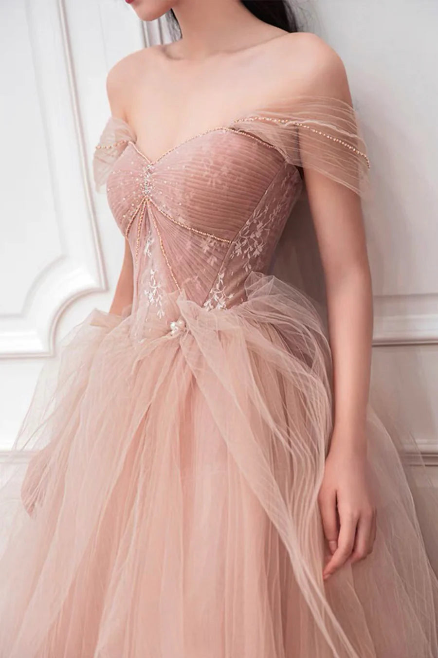 Beautiful Pink Tulle Pleated Sweetheart Neck Off Shoulder Party Dresses