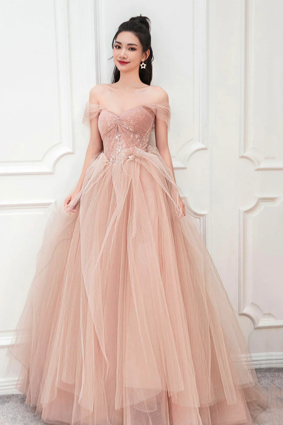 Beautiful Pink Tulle Pleated Sweetheart Neck Off Shoulder Party Dresses