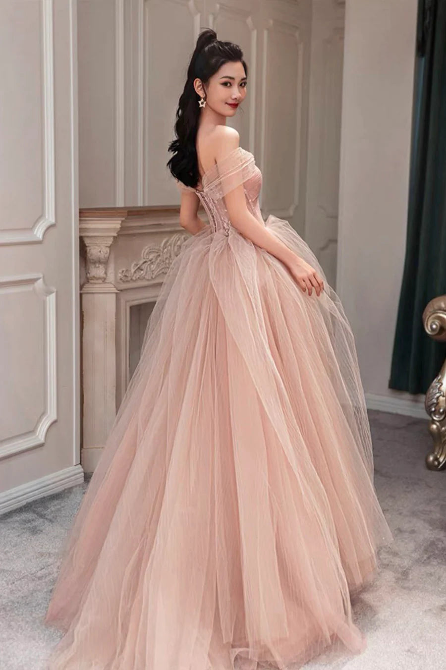Beautiful Pink Tulle Pleated Sweetheart Neck Off Shoulder Party Dresses