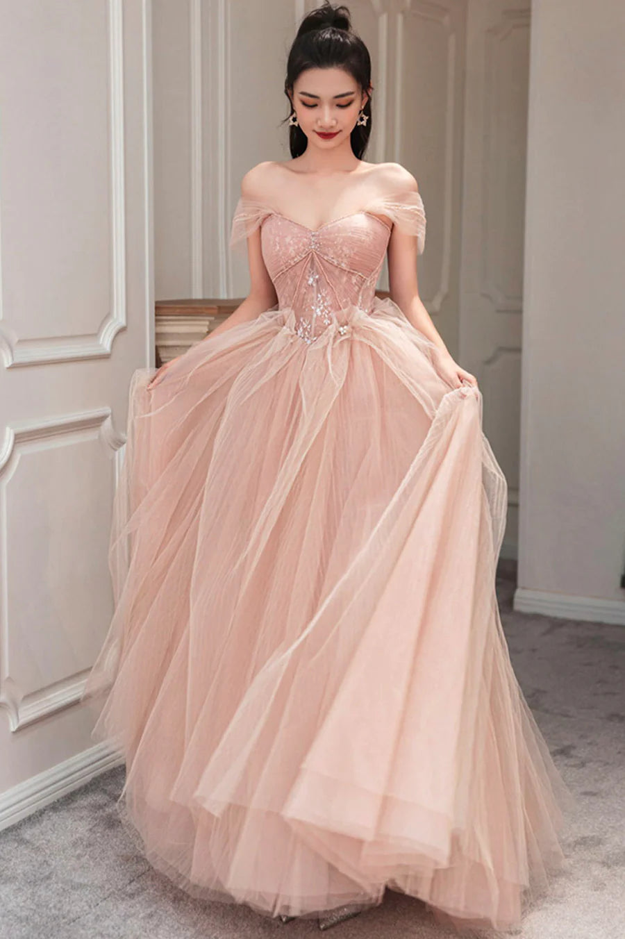 Beautiful Pink Tulle Pleated Sweetheart Neck Off Shoulder Party Dresses