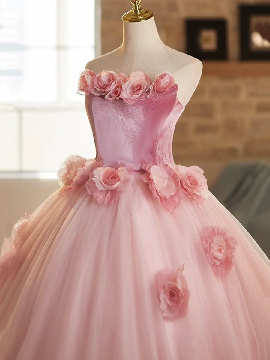 Beautiful Pink Velvet Tulle Flowers Strapless A-Line Long Prom Dress Sweet 16 Princess Dress