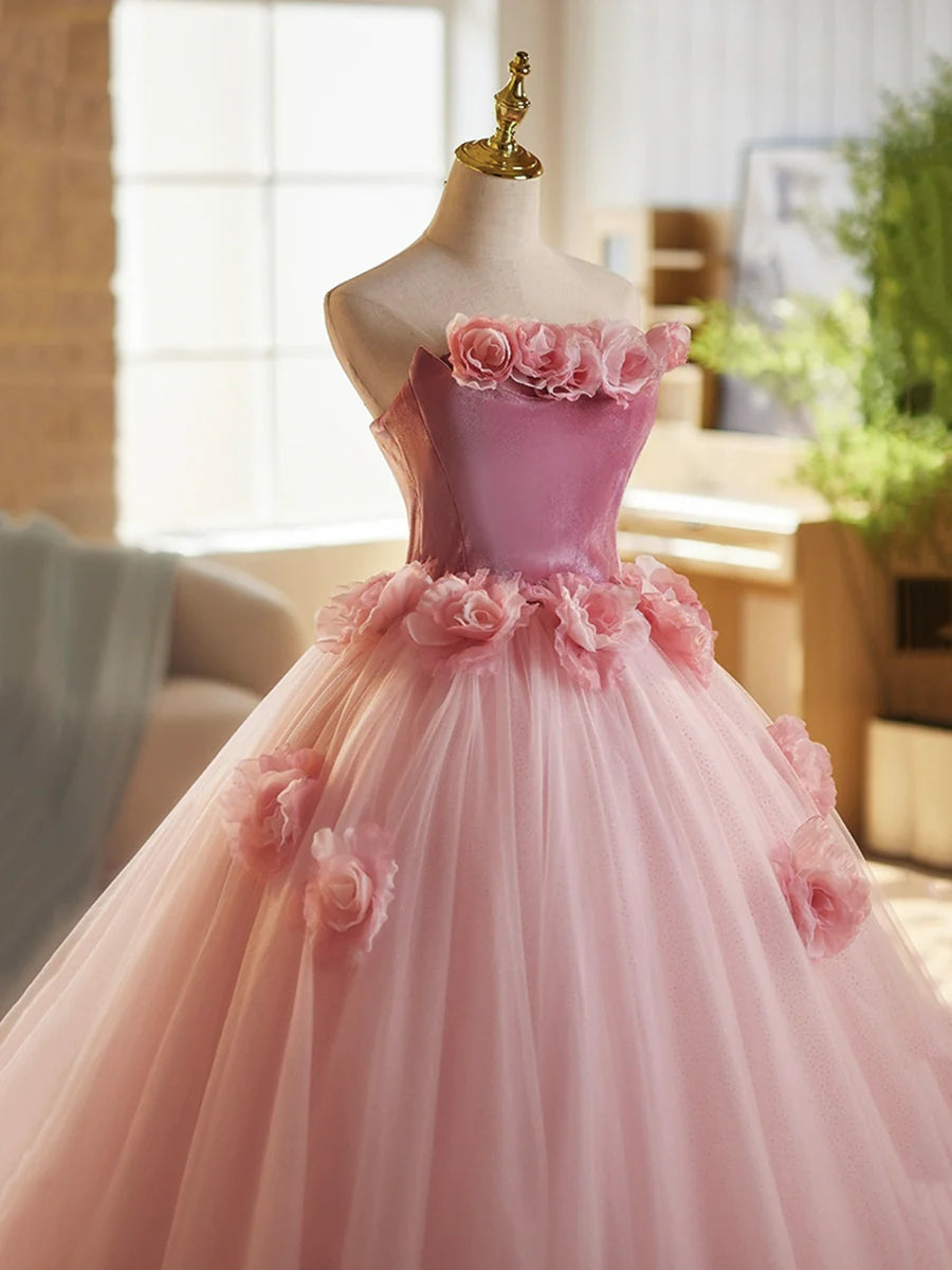 Beautiful Pink Velvet Tulle Flowers Strapless A-Line Long Prom Dress Sweet 16 Princess Dress