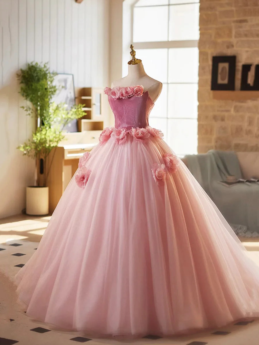 Beautiful Pink Velvet Tulle Flowers Strapless A-Line Long Prom Dress Sweet 16 Princess Dress