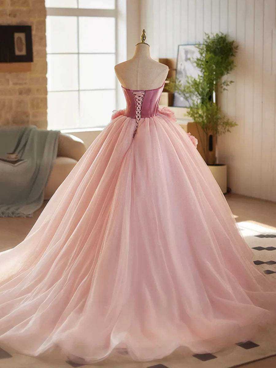 Beautiful Pink Velvet Tulle Flowers Strapless A-Line Long Prom Dress Sweet 16 Princess Dress