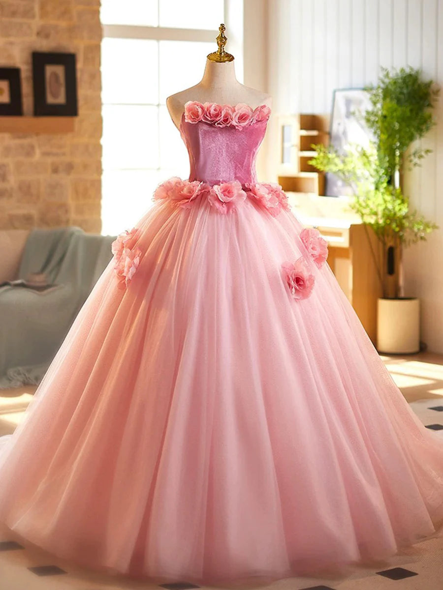 Beautiful Pink Velvet Tulle Flowers Strapless A-Line Long Prom Dress Sweet 16 Princess Dress