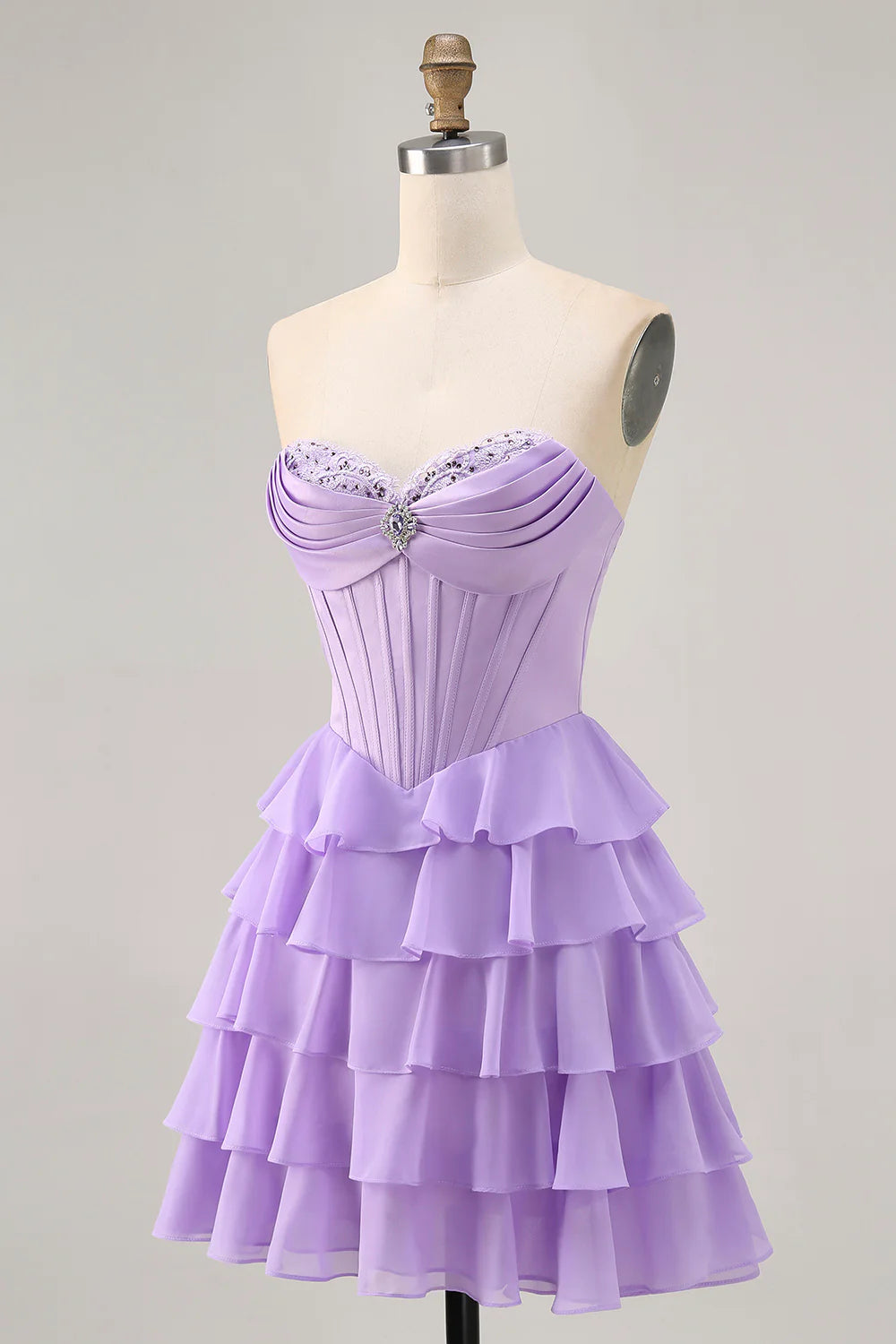 Beautiful Purple Sweetheart Collar Strapless Pleated Tiered Corset A Line Short Homecoming Dress