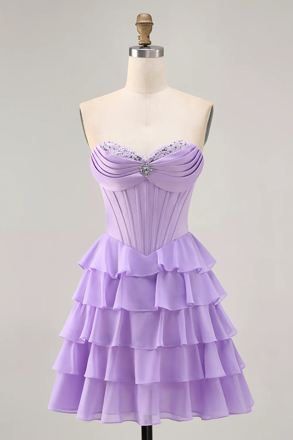 Beautiful Purple Sweetheart Collar Strapless Pleated Tiered Corset A Line Short Homecoming Dress
