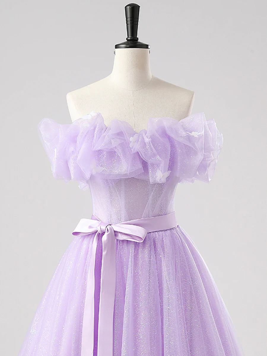 Beautiful Purple Tulle Lace-up Off the Shoulder Floor Length Prom Dress Party Dress