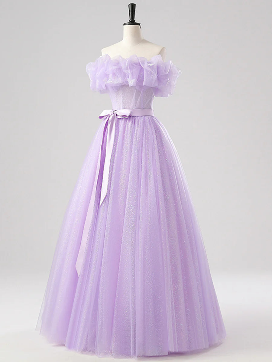 Beautiful Purple Tulle Lace-up Off the Shoulder Floor Length Prom Dress Party Dress