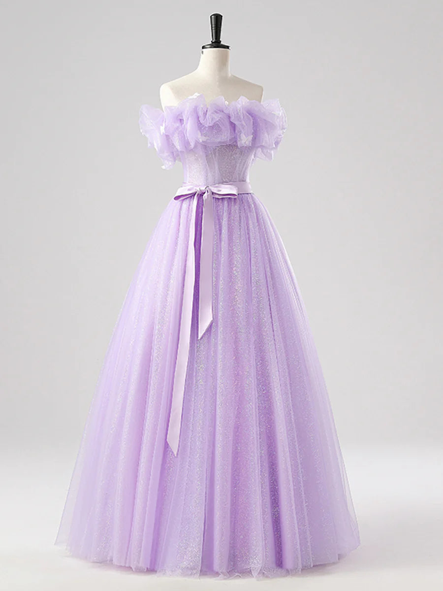 Beautiful Purple Tulle Lace-up Off the Shoulder Floor Length Prom Dress Party Dress